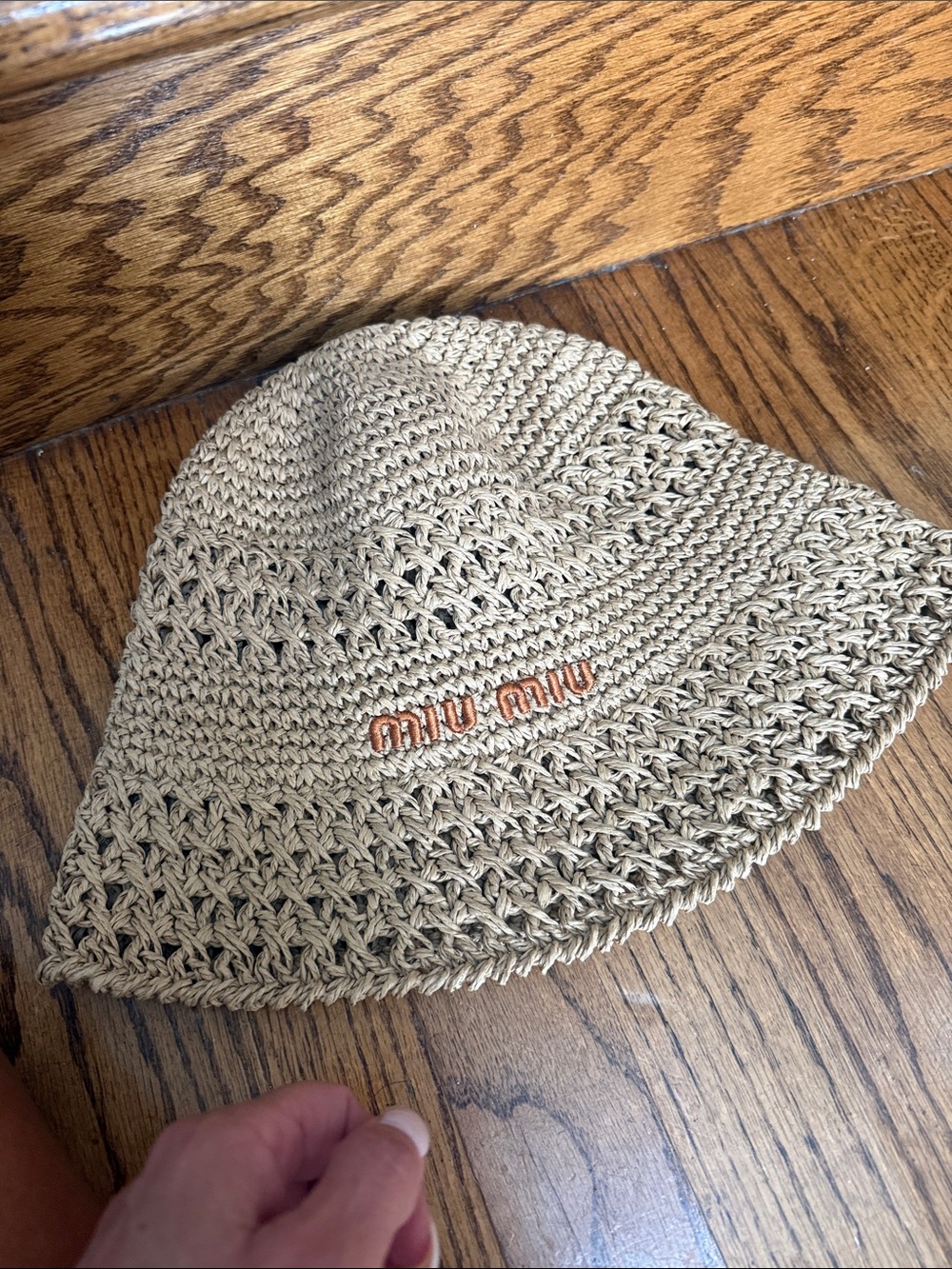 Miu Miu Tan Crochet Bucket Hat with Brown Logo - Picture 7 of 9